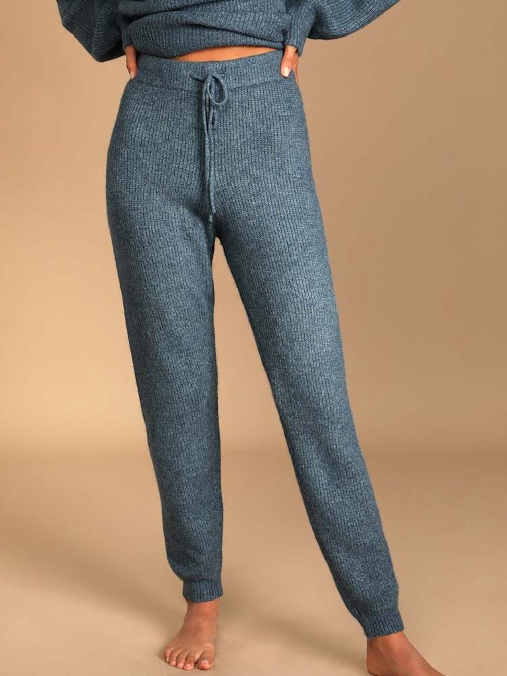 Lulus Meet Your Weekend Denim Blue Knit Drawstring Joggers Sweater Pants, Sz L